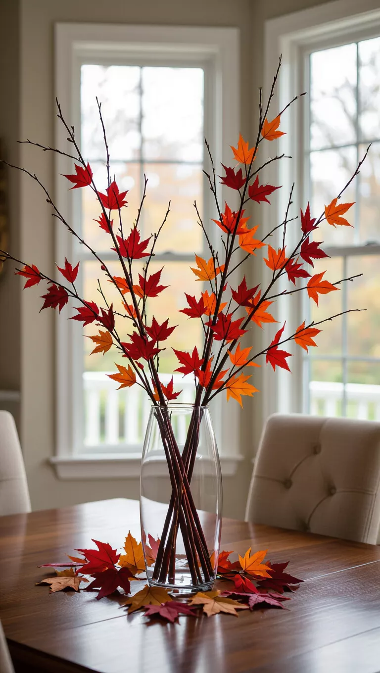 A photo of a dining room table featuring tall, dramatic fall branches with red and orange leaves, arranged in a clear glass vase, with scatter leaves.