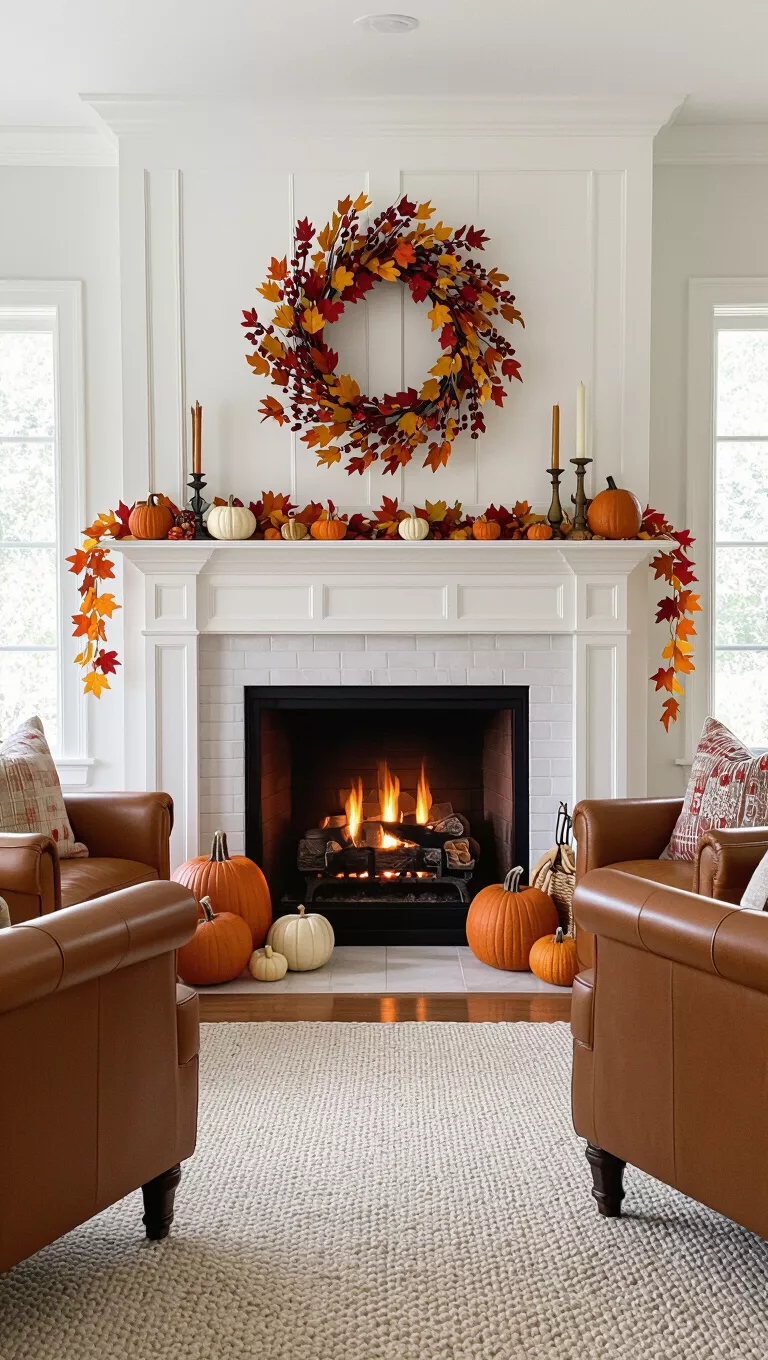 A photo of a cozy living room with a fireplace adorned for fall with a berry wreath, colorful leaves, and various pumpkins, flanked by two leather chairs.