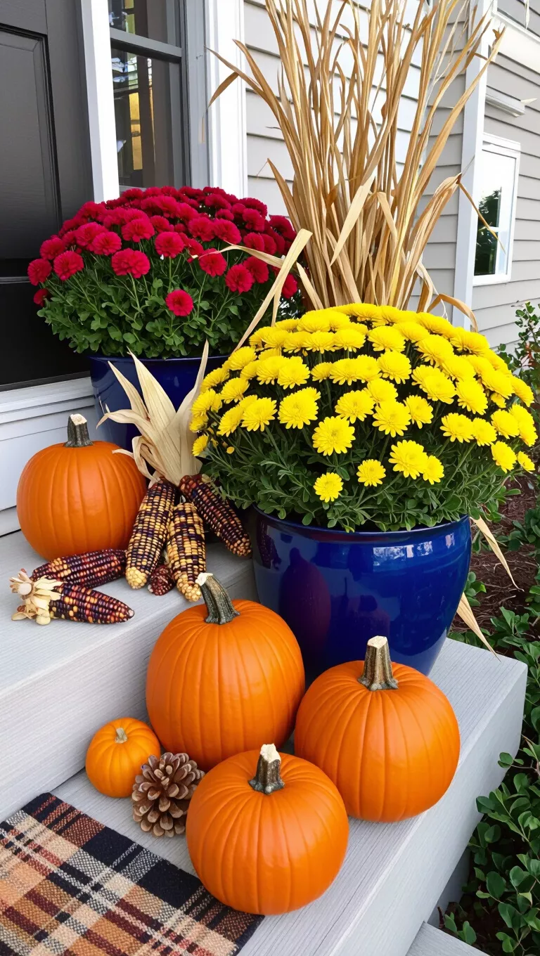A photo of a vibrant autumn display on a porch features orange pumpkins, Indian corn, and a large pot of yellow mums next to a blue pot.