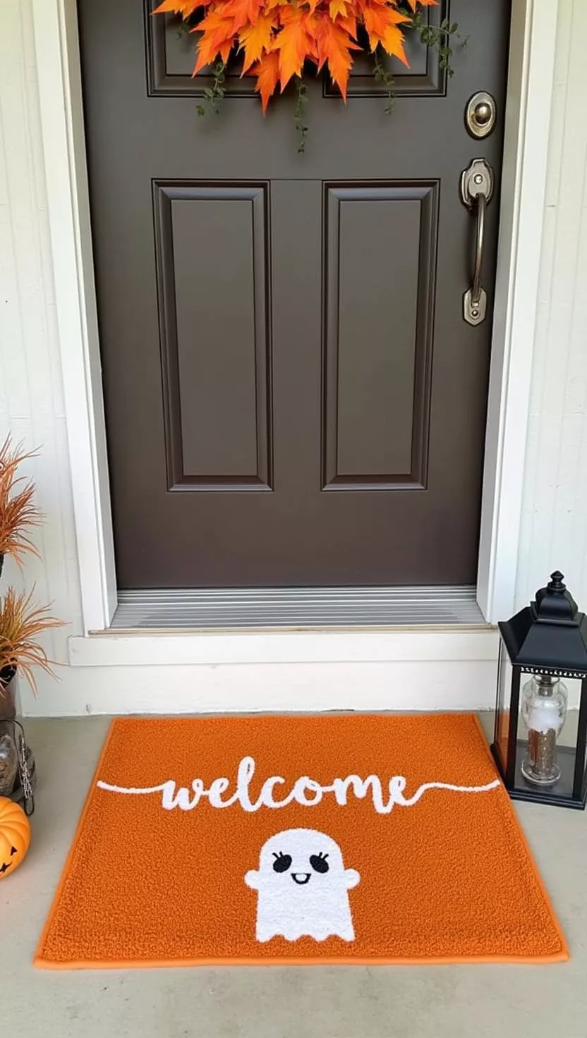 A photo of a small orange door mat with ‘welcome’ sign and a little white ghost printed on the mat, front porch.