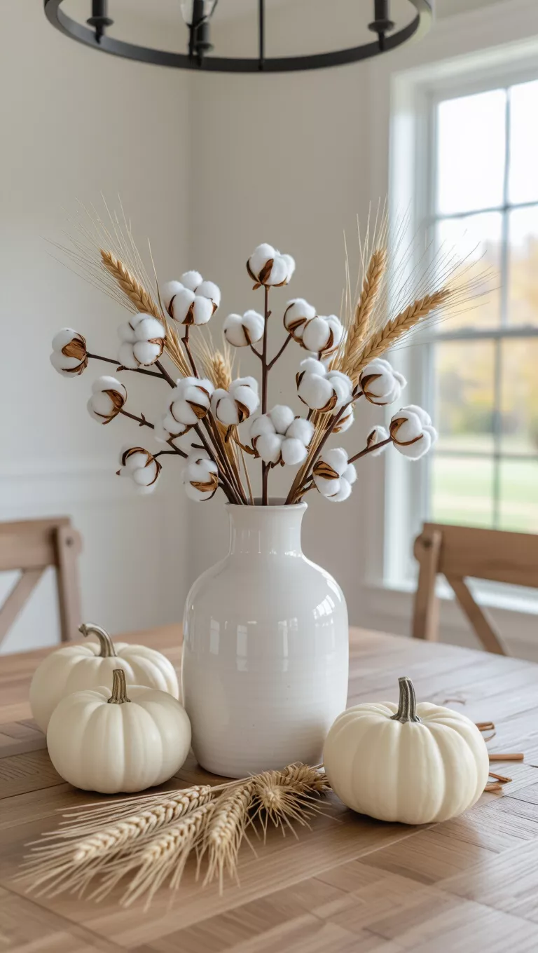 A photo of a dining room table featuring a modern farmhouse fall centerpiece with a clean white ceramic vase holding cotton stalks and dried wheat, flanked by simple white pumpkins.