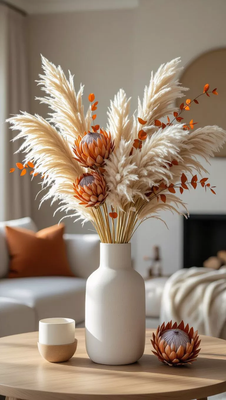 A photo of a living room table featuring a fluffy pampas grass flower arrangement in a tall, slender vase, accented with a few dried orange protea stems for color.