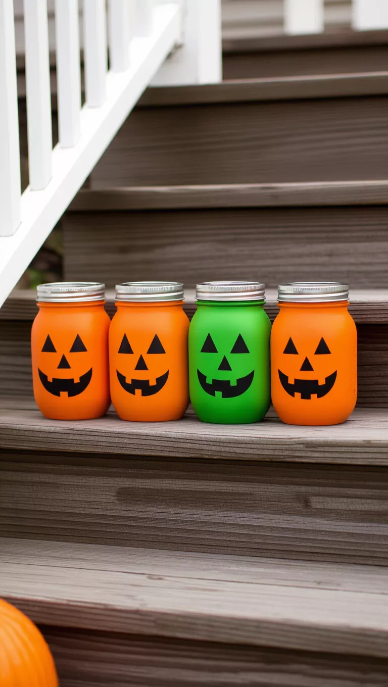 A photo of four decorated mason jars with Halloween faces placed on wooden steps, creating a playful and spooky entry.