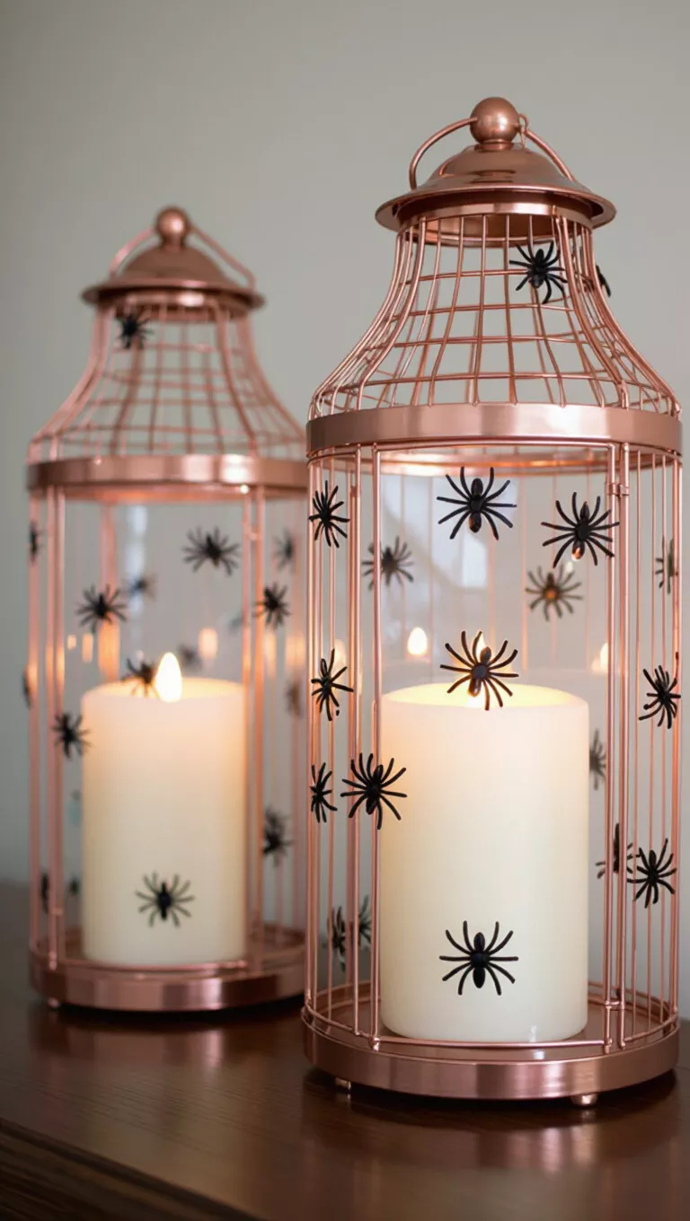 A photo of two rose gold wire lanterns with white pillar candles covered in small black plastic spiders.