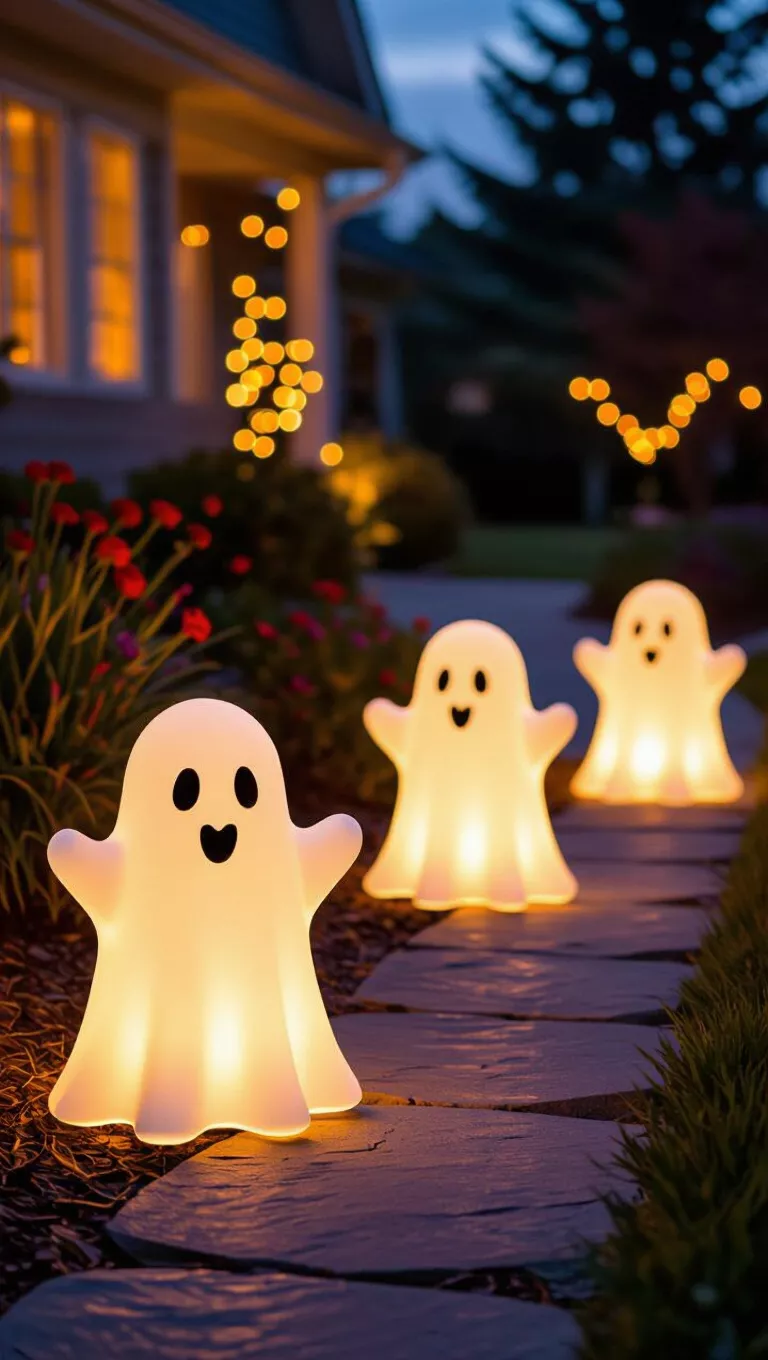 A photo of four adorable, ghost-shaped Halloween lawn decorations illuminated by warm lights, adding a festive glow to a garden path.