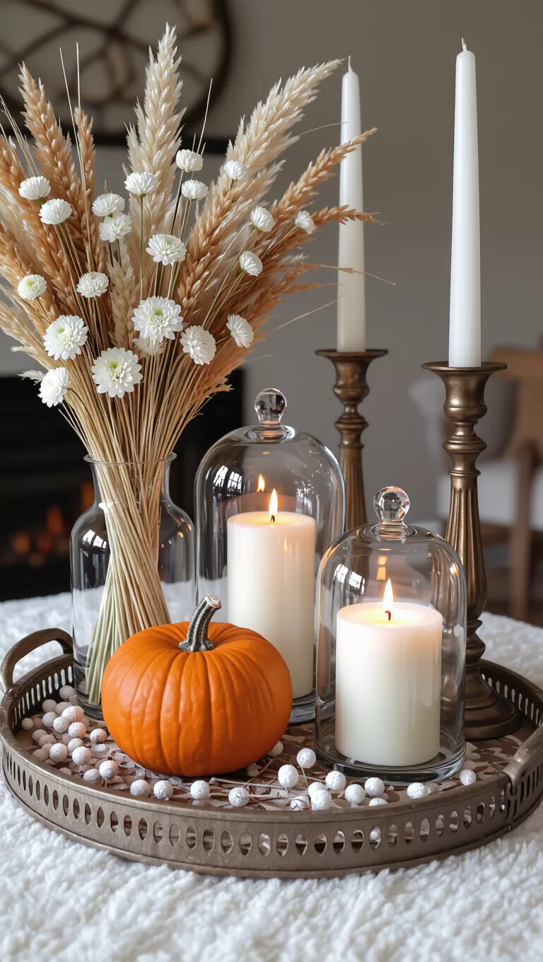 A professional photo, similar to a photo in a home design magazine, of a decorative tray with dried grasses, white flowers, an orange pumpkin, candles within cloches, and two tall candlesticks.
