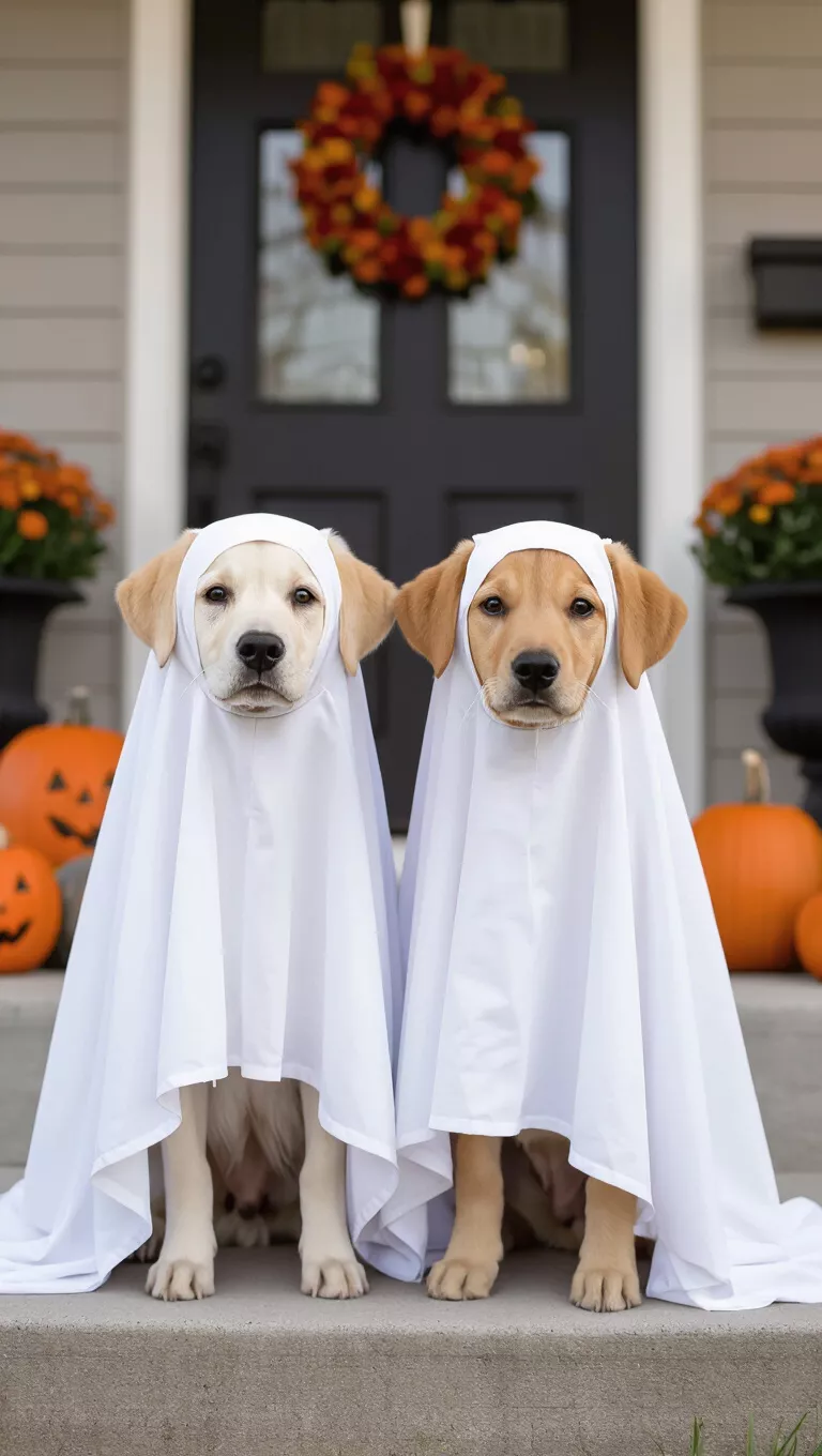 A photo of two dogs in simple white sheet ghost costumes gazing directly at the camera while standing on a porch with Halloween decor.
