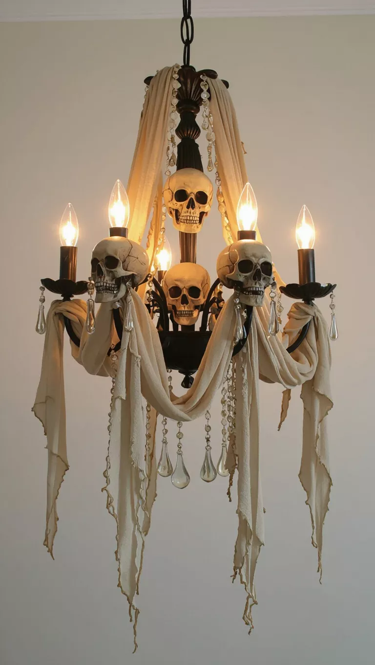 A photo of a chandelier is decorated with skulls and draped tattered fabric, with illuminated bulbs within the skulls.