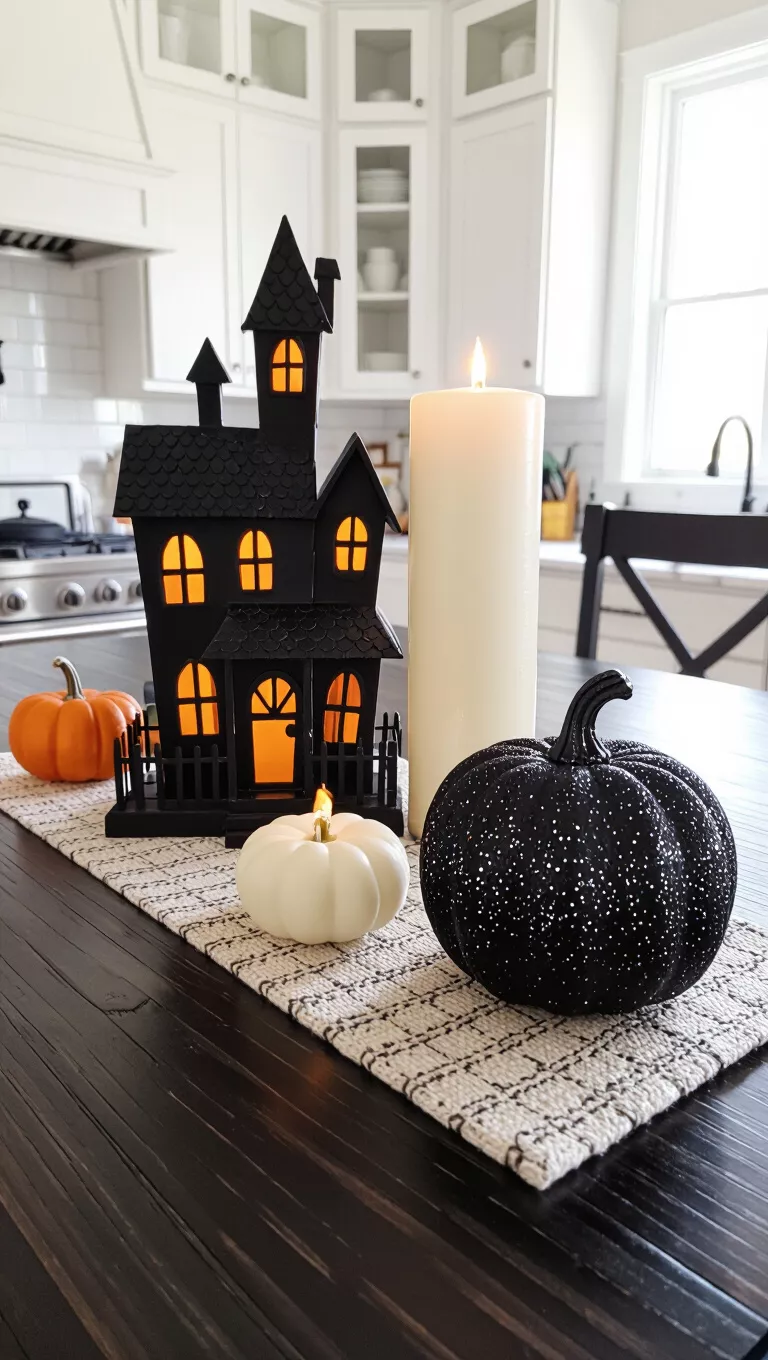 A photo of a kitchen island with a spooky black haunted house, a large white candle, and a sparkling black pumpkin as a centerpiece.