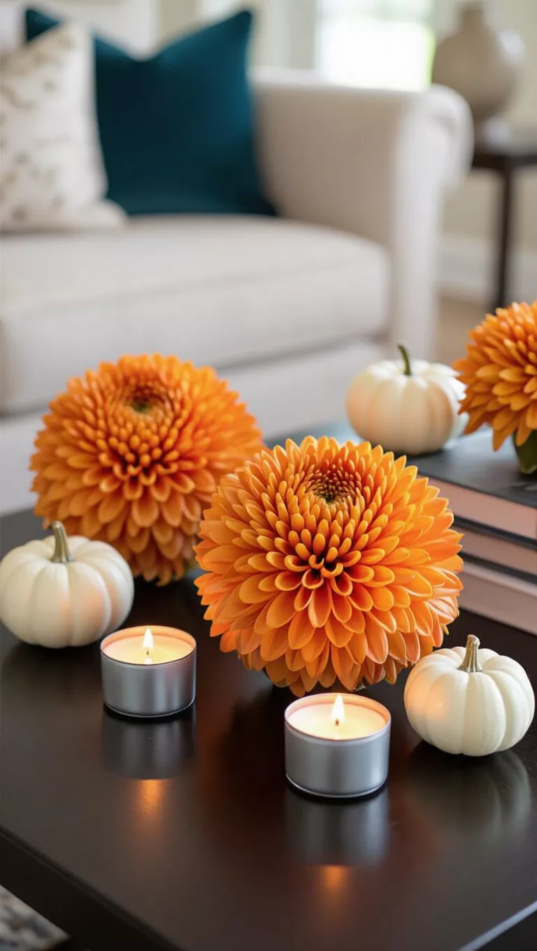 A professional photo, similar to a photo in a home design magazine, of two decorative orbs made of orange chrysanthemum flowers on a dark coffee table, with small white pumpkins and tealight candles.