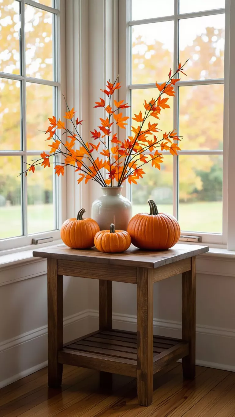 A professional photo, similar to a photo in a home design magazine, of a wooden side table by a window adorned with pumpkins and vibrant orange branches, creating a cozy fall display.