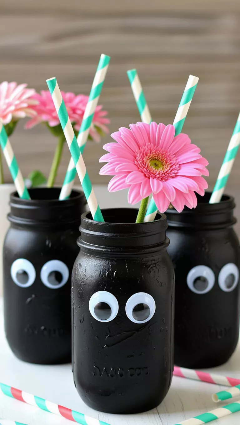 A photo of three black mason jars, painted with white googly eyeballs, holding striped straws and flowers.