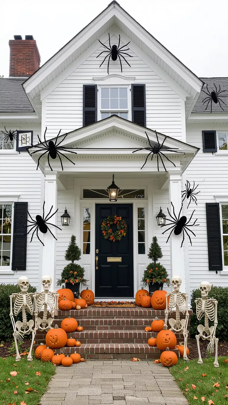 A photo of a white house with a dark front door, smaller doors, large spiders on the facade, skeletons near the entrance, two wreaths, and scattered pumpkins.