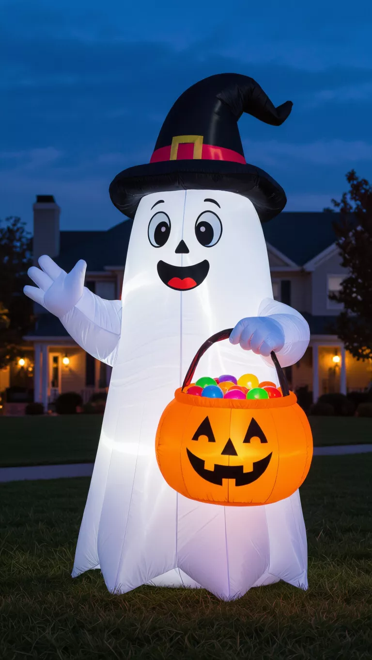 A photo of a large inflatable Halloween decoration: a white ghost carrying a smiling, trick-or-treat pumpkin pail with colorful candy.