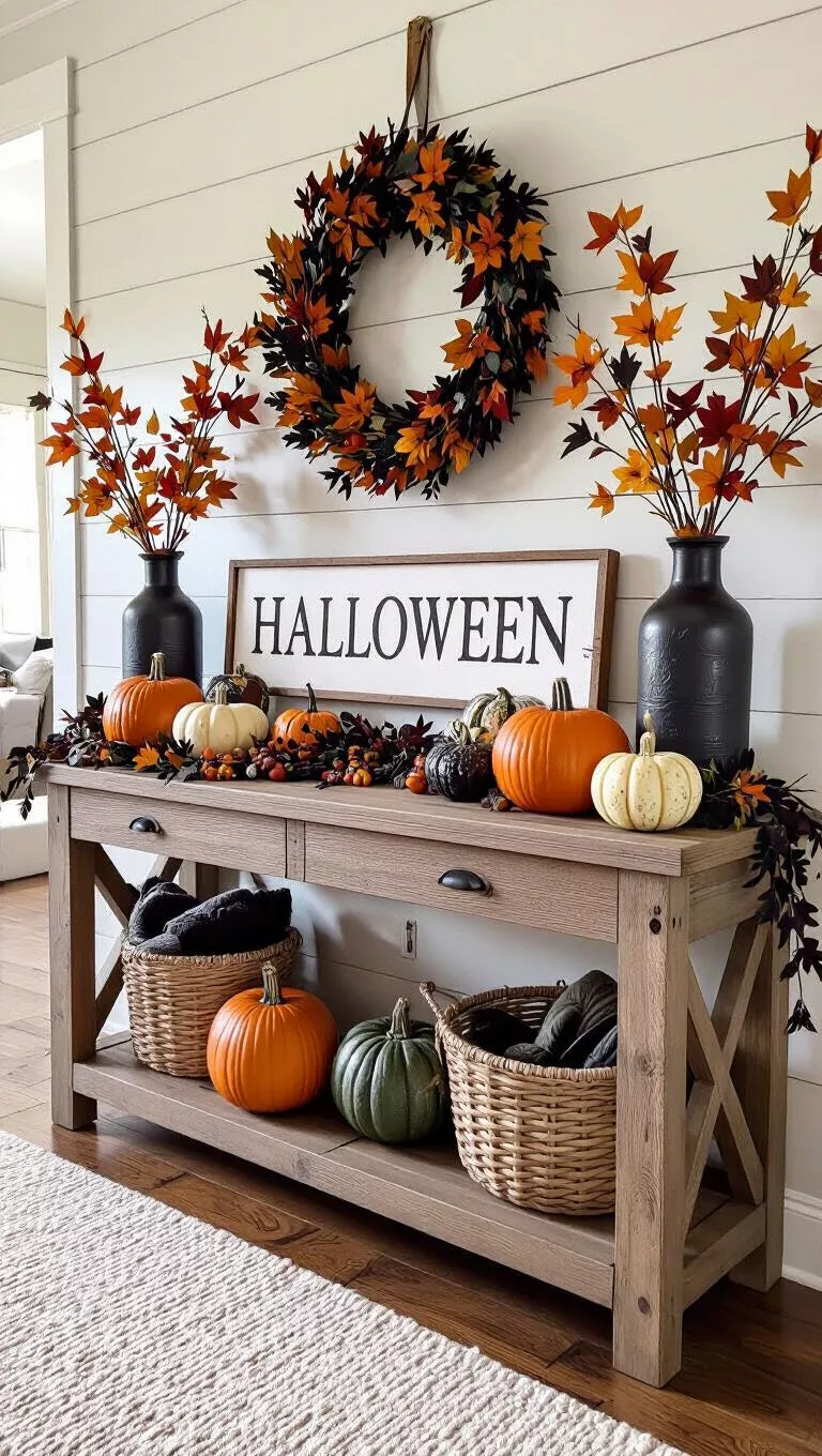 A photo of a living room, a rustic console table serves as a Halloween display, featuring a 