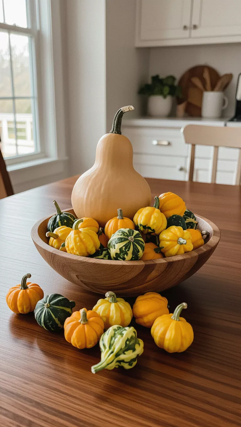 A photo of a kitchen table featuring a simple small gourd centerpiece with a pile of tiny, uniquely shaped and colored gourds spilling from a small wooden bowl.