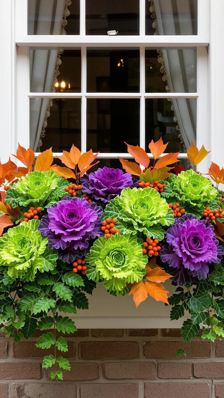 A professional photo, similar to a photo in a home design magazine, of a charming window box overflowing with vibrant green and purple ornamental cabbage, intertwined with orange berries and fall leaves.