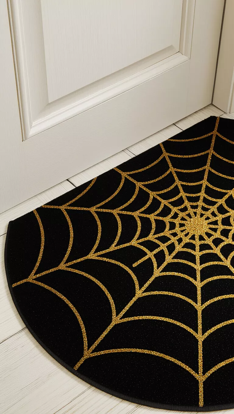 A photo of a semi-circular black door mat with a large, detailed gold spiderweb design.
