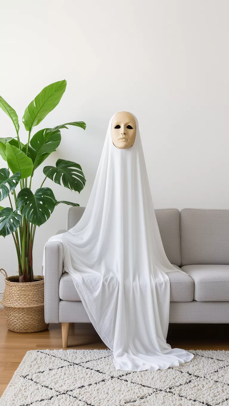 A photo of a ghost-like figure with a plaster head and flowing white fabric draped over a light grey sofa, next to a large monstera plant.