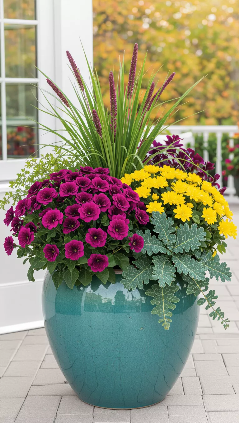 A professional photo, similar to a photo in a home design magazine, of a large blue-green pot overflowing with colorful fall plants, including purple celosia, yellow flowers, and ornamental kale.