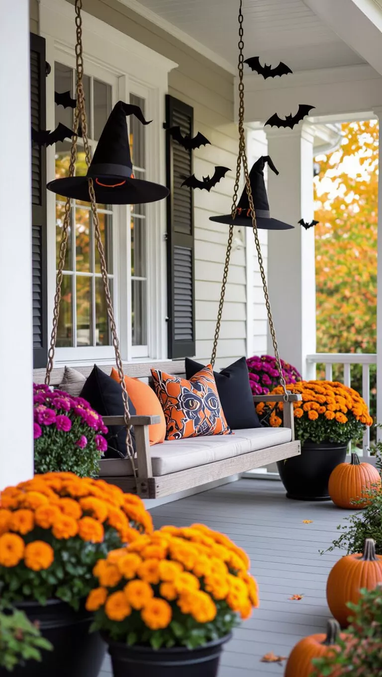 A professional photo, similar to a photo in a home design magazine, of a whimsical Halloween porch features a hanging swing adorned with pillows, flanked by potted mums, and decorated with floating witch hats and paper bats.