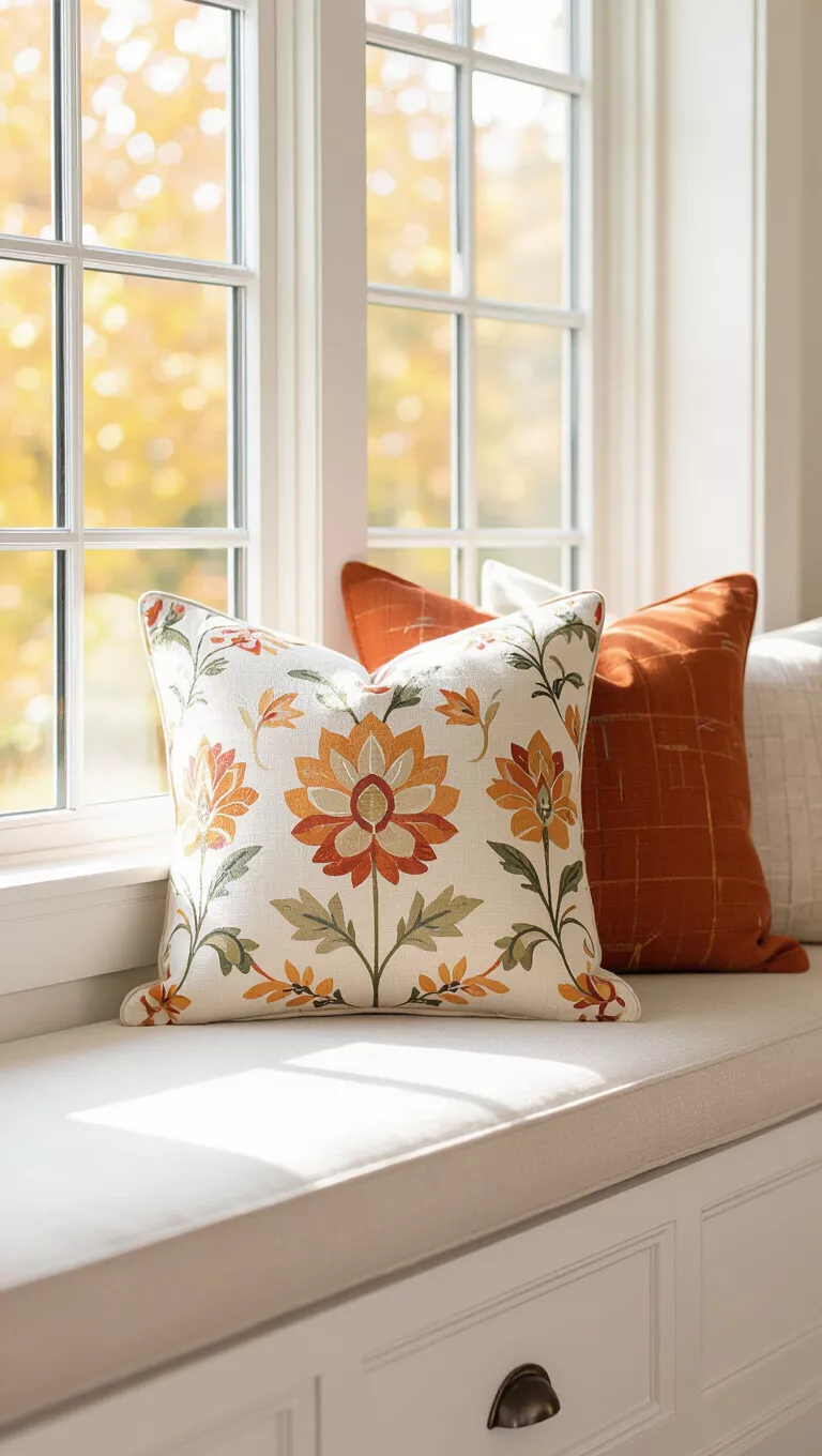 A professional photo, similar to a photo in a home design magazine, of a cream-colored cushion with a warm floral pattern in earthy oranges rests on a white window bench, bathed in soft autumn light.