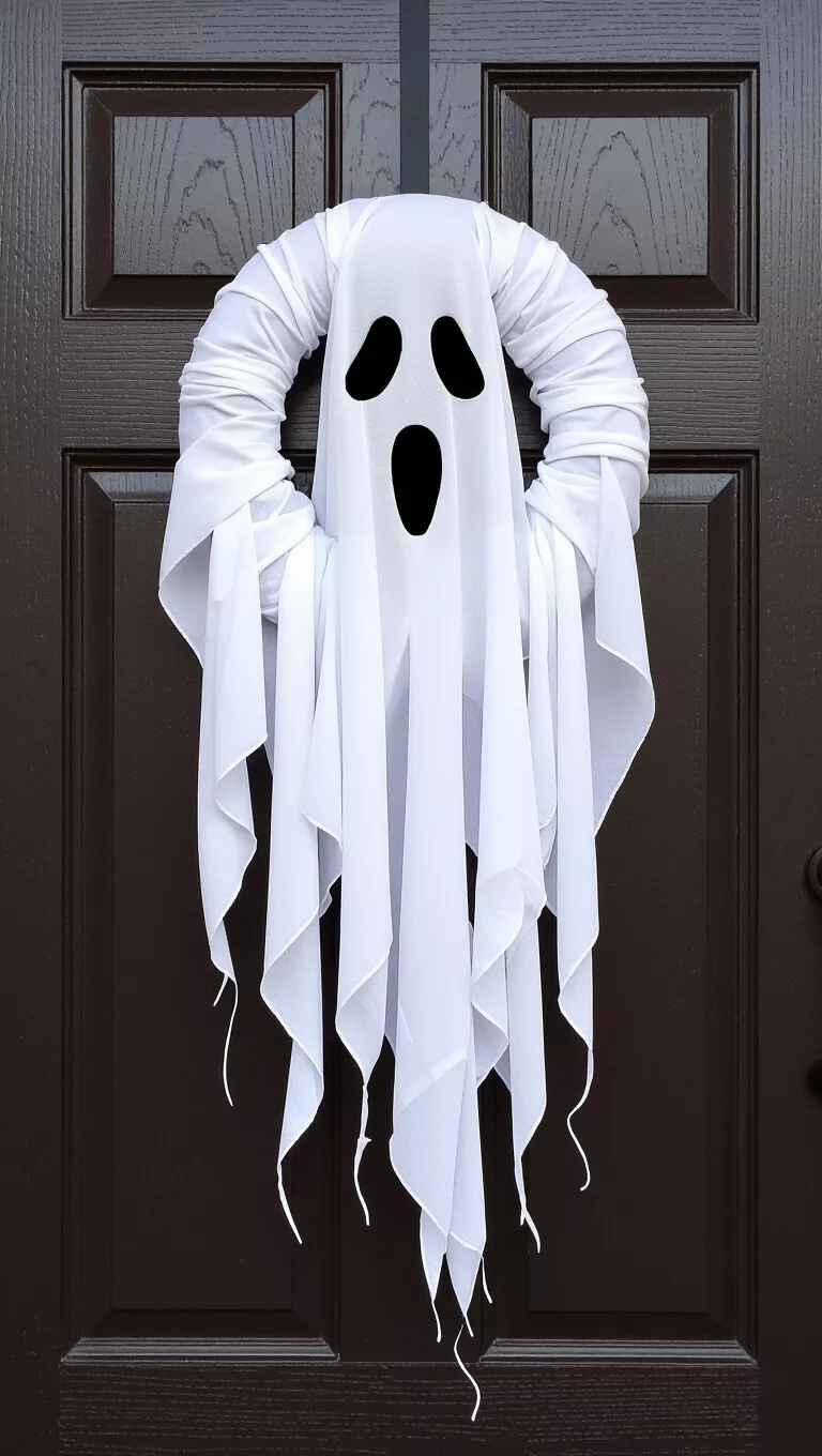 A photo of a dark brown door featuring a spooky ghost wreath made of white fabric, with dark, hollow eyes and flowing tendrils.