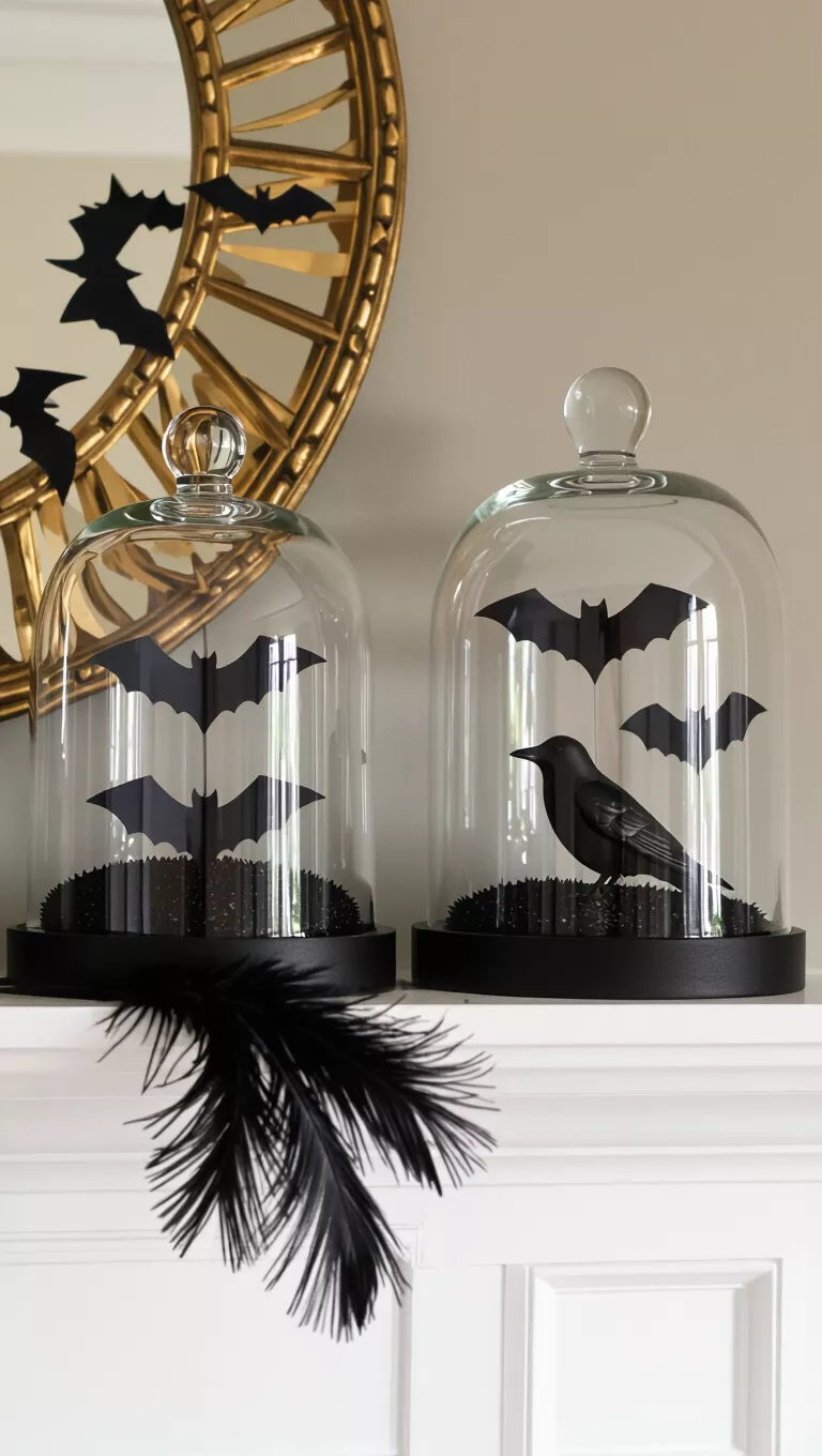 A photo of a mantelpiece with glass cloches containing black paper bats and a small black feathery crow.