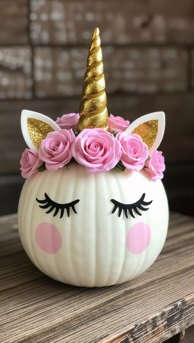 A photo of a white pumpkin transformed into a unicorn with a golden horn, pink roses, closed black eyelashes, and pink blush.
