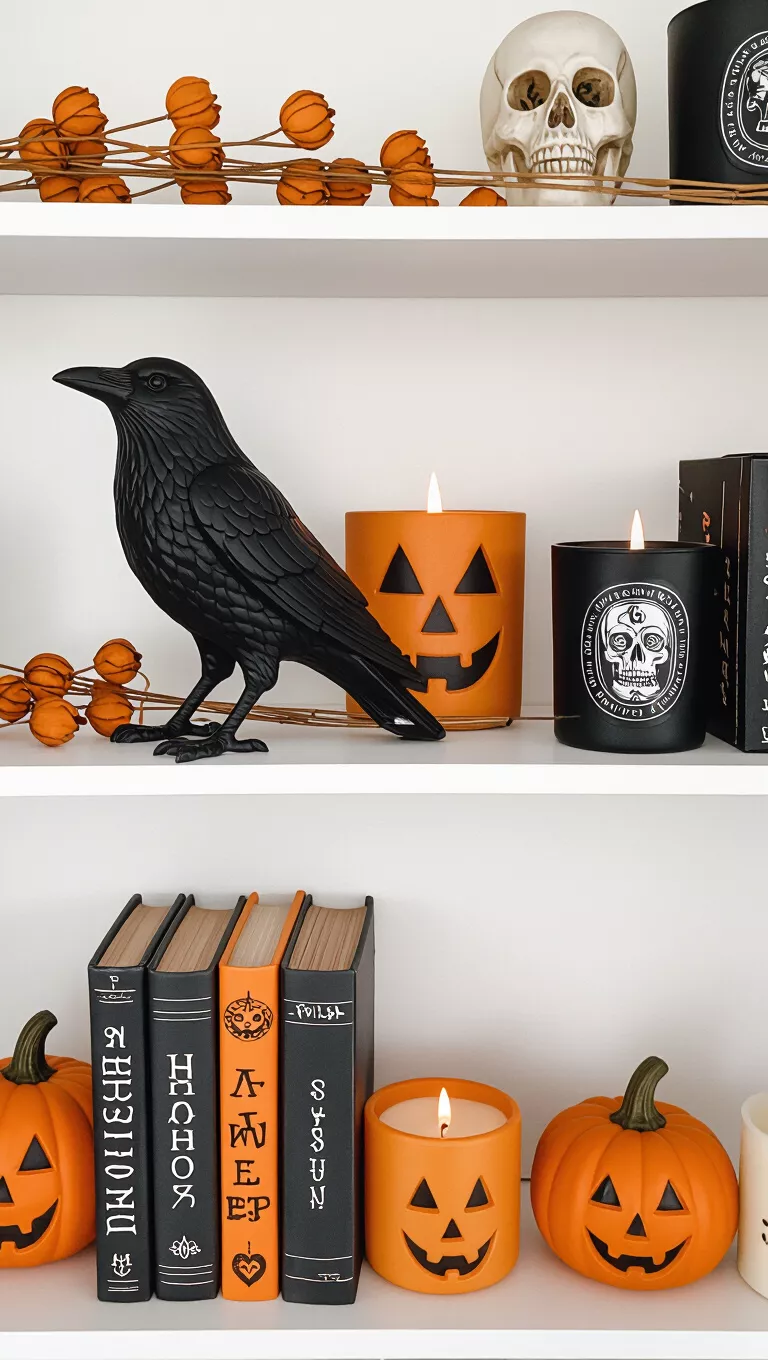 A photo of a bookshelf decorated with a black crow figurine, dried orange flowers, and candles with Halloween designs.
