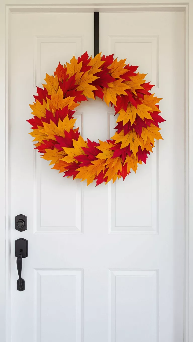 A professional photo, similar to a photo in a home design magazine, of a vibrant wreath crafted from red and yellow autumn leaves on a white wooden door, creating a cheerful fall greeting.