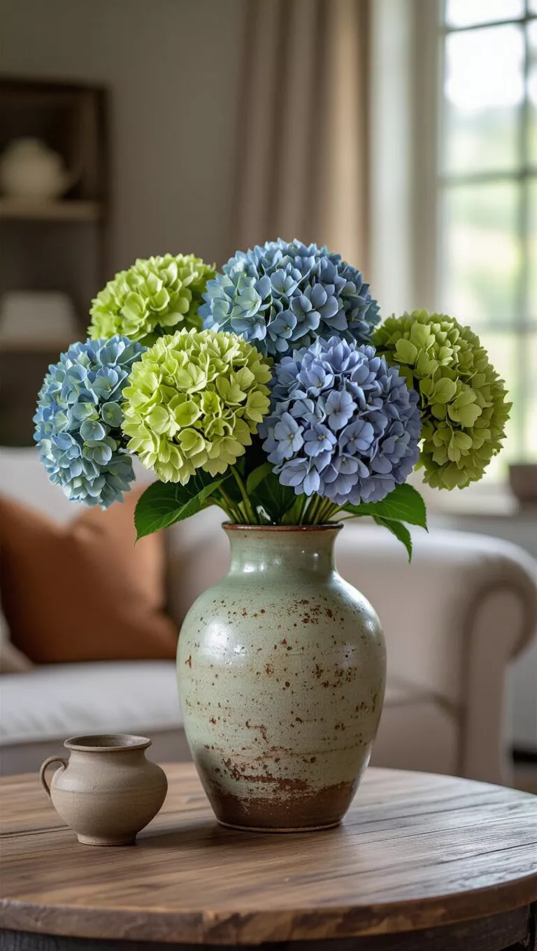A photo of a living room table featuring a cluster of dried hydrangeas, varying in shades of muted green, dusty blue, and sepia, presented in a distressed ceramic vase.