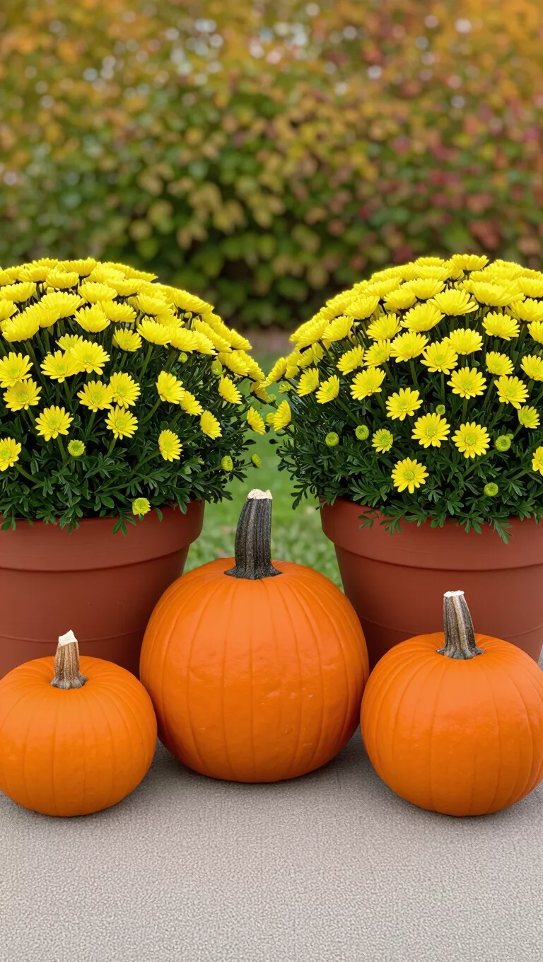 A professional photo, similar to a photo in a home design magazine, of potted green mums in terra cotta on either side of three orange pumpkins of varying sizes in a fall scene.