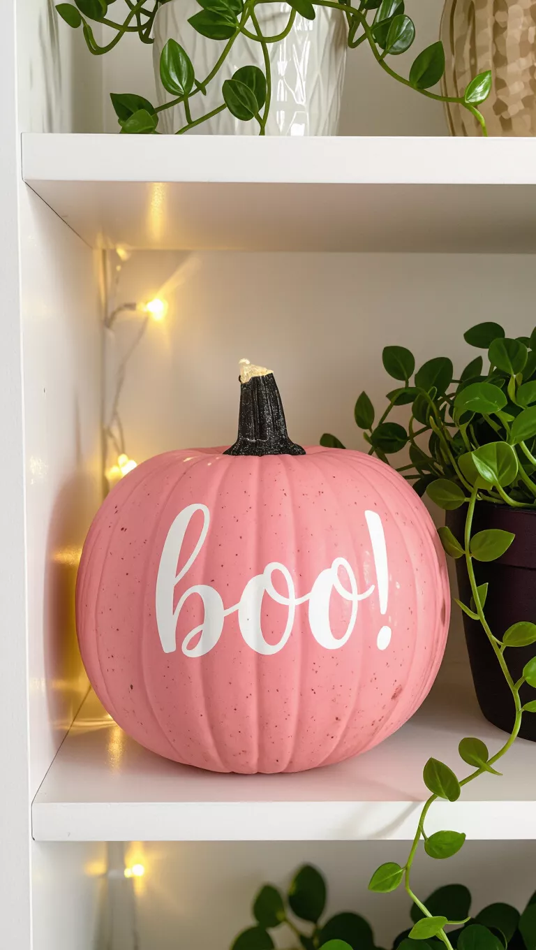 A photo of a pink pumpkin decorated with 'boo!' in white script sitting on a white shelf next to green plants, under string lights.