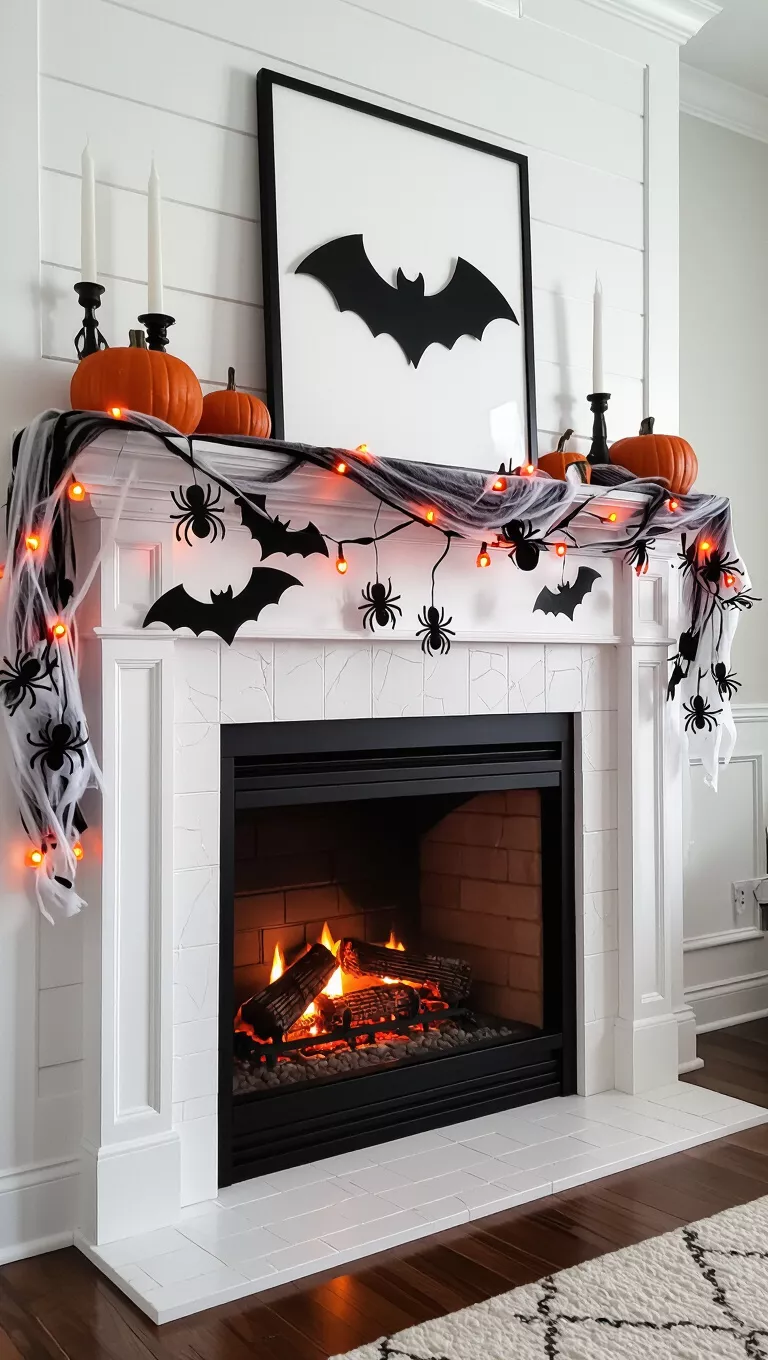 A photo of a fireplace mantel covered in faux spiderwebs and orange string lights, with bat cutouts.