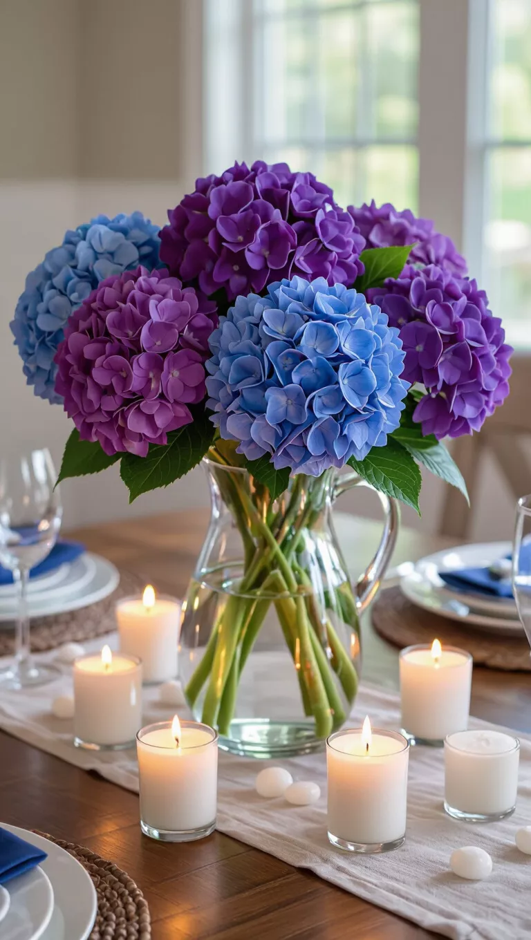 A photo of a dining room table featuring a fresh hydrangea centerpiece with large blue and purple blooms in a clear glass pitcher, surrounded by scattered white candles.
