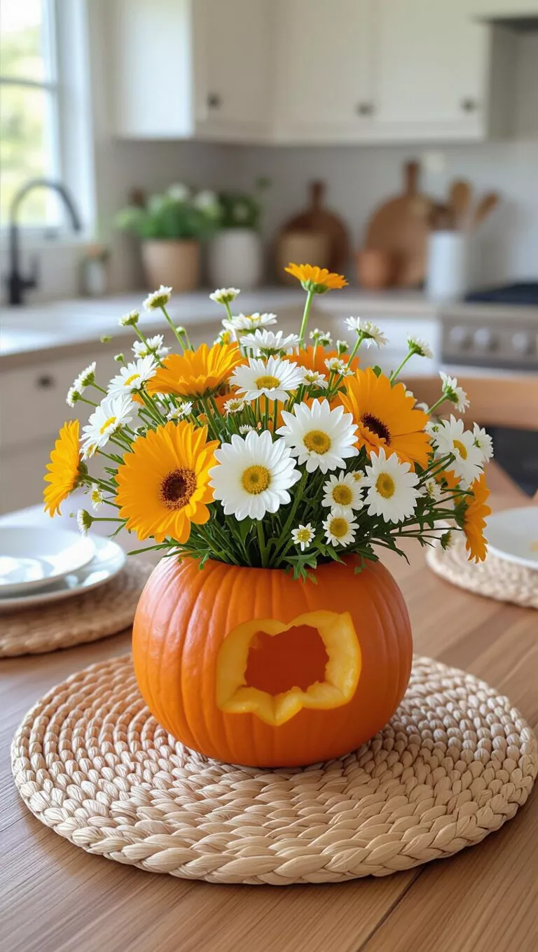 A photo of a kitchen table featuring a charming pumpkin flower arrangement composed of a hollowed miniature pumpkin filled with small white and yellow wildflowers on a woven placemat.