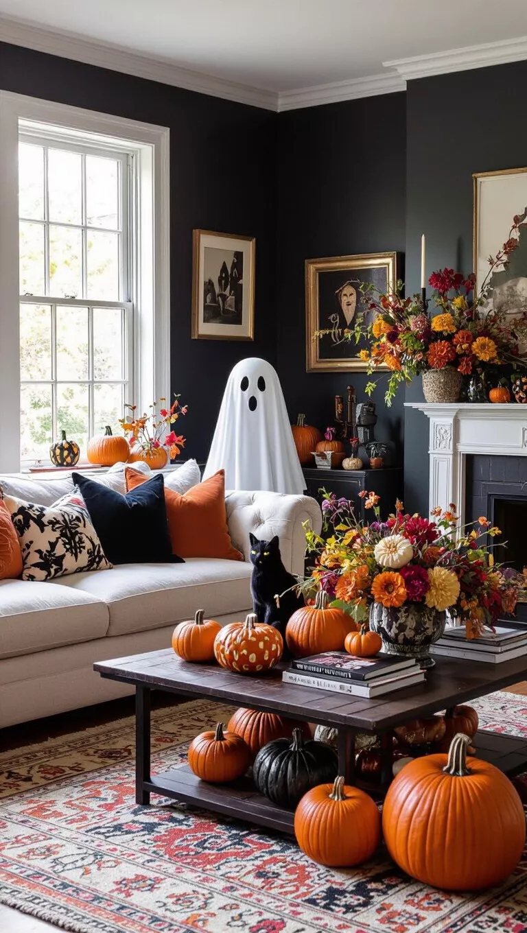 A photo of a living room, a vibrantly decorated living room features an abundance of Halloween and fall decor, including a ghost, black cat, various pumpkins, and lush floral arrangements.