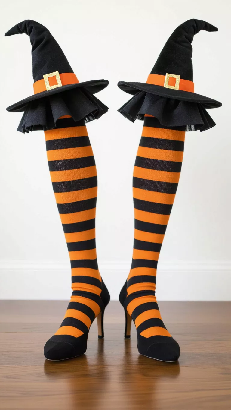 A photo of two table legs whimsically decorated to resemble witch legs, dressed in striped socks.