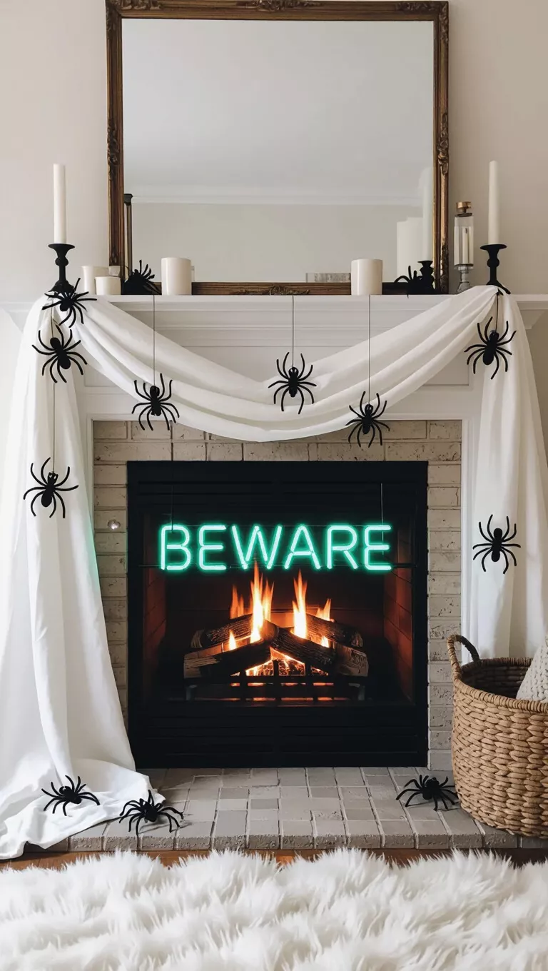 A photo of a cozy fireplace with draped white fabric and black spiders, with a 