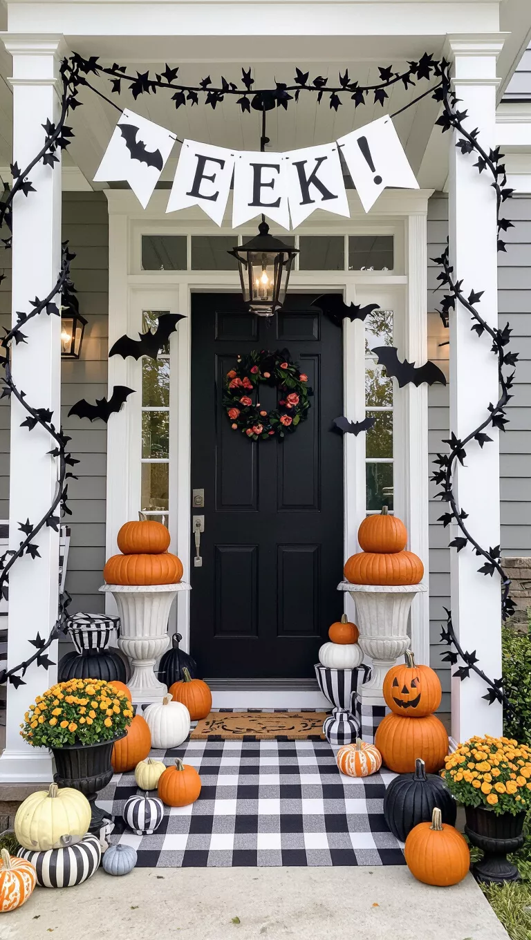 A photo of a welcoming Halloween porch with black and white striped decorations, a 'EEK!' banner, bat cutouts, stacked pumpkins in urns, and black vine garlands intertwining around pillars.