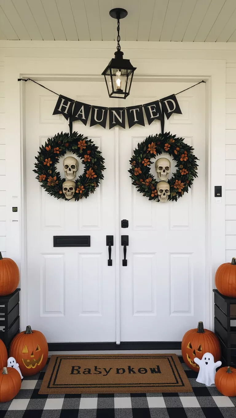 A photo of white double doors with two dark wreaths featuring skulls and foliage, a 