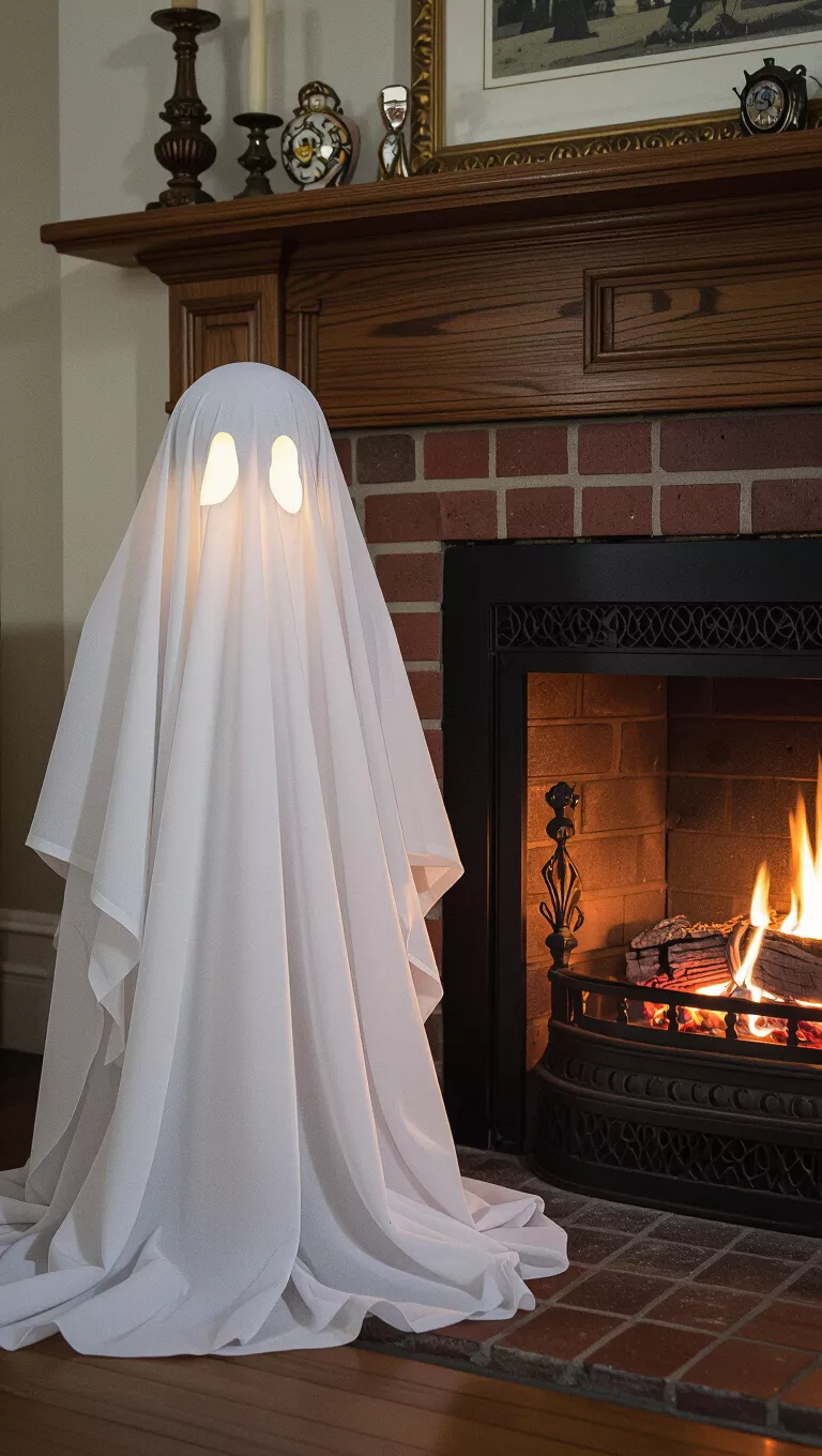 A photo of a ghost figure made from white fabric with cut-out eyes glowing from within standing beside a fireplace.