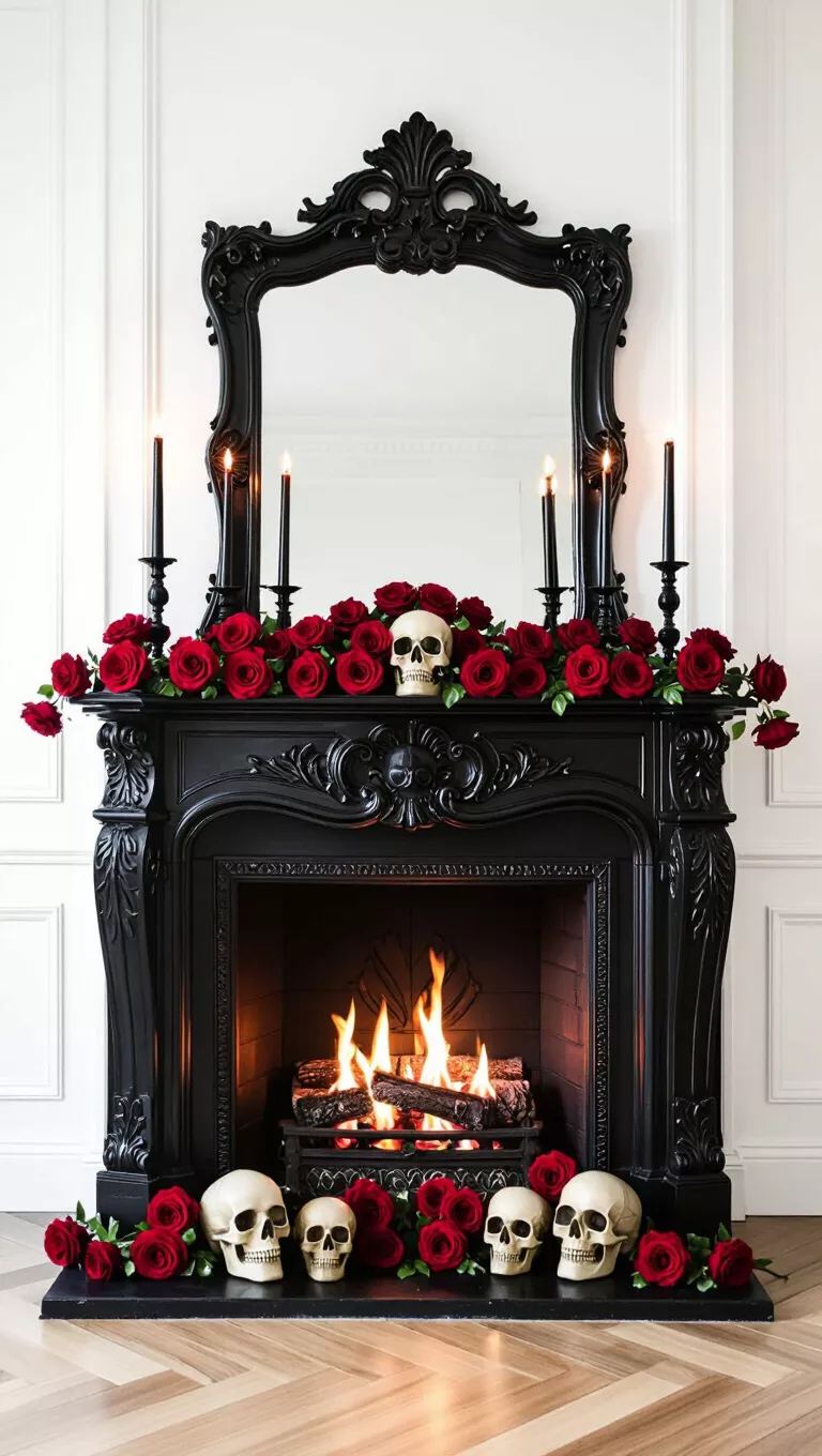 A photo of an ornate dark wood fireplace spookily decorated with red roses, skulls, and black candles, creating a gothic and elegant Halloween atmosphere.
