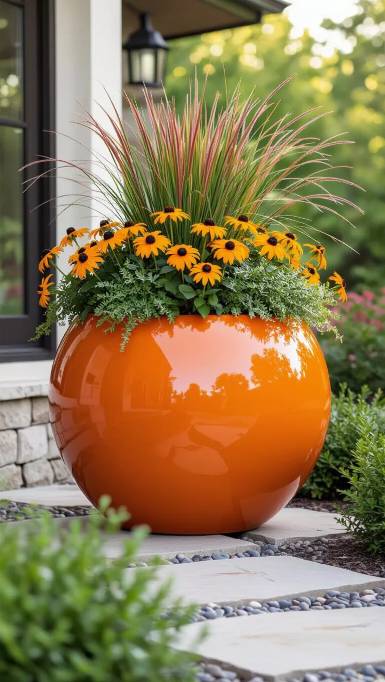 A professional photo, similar to a photo in a home design magazine, of a large, glossy orange spherical planter with black-eyed Susans, ornamental grass, and other greenery on a rock path.