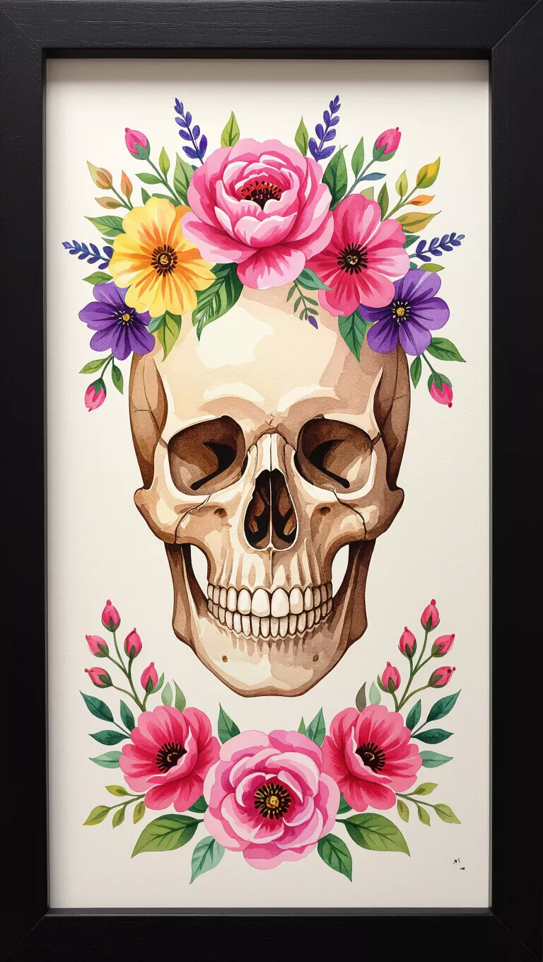 A photo of a framed watercolor print of a human skull with vibrant floral arrangements above and below.