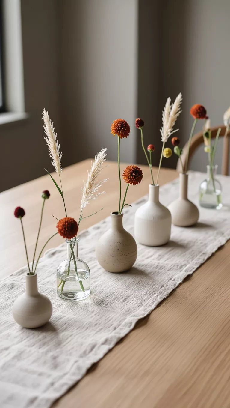 A photo of a minimal dining room table with multiple small bud vases, each holding a single fall flower or a few sprigs of dried grass, scattered along a linen runner.