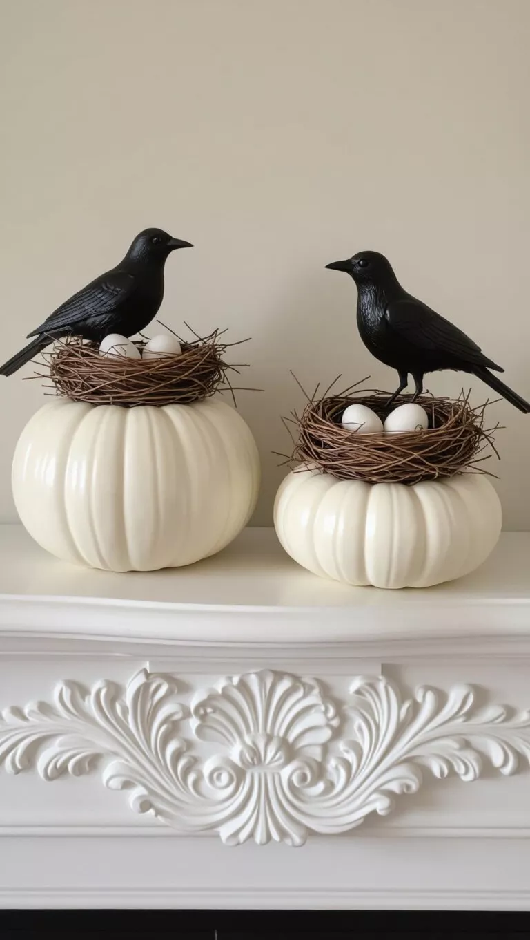 A photo of a white ornate fireplace mantel decorated with two open white pumpkins containing faux nests and eggs, topped with skeletal bird figures.