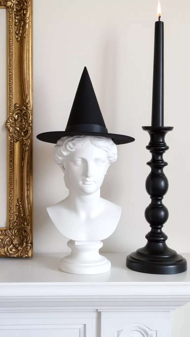 A photo of a classical white bust humorously topped with a small black witch's hat, positioned on a fireplace mantel next to a tall black candlestick.