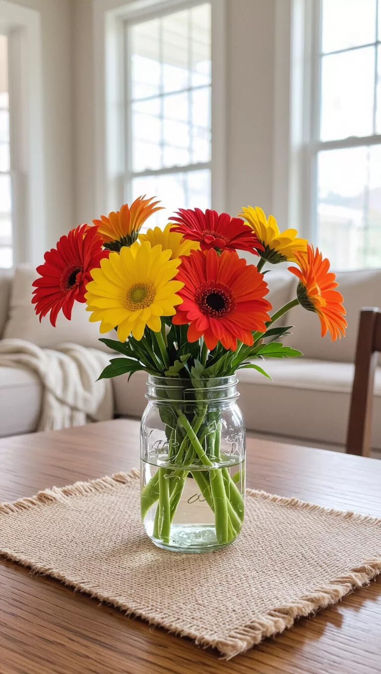 A photo of a living room table featuring a simple fall flower arrangement with a few stems of orange and yellow daisies in a clear mason jar, sitting on a burlap placemat.